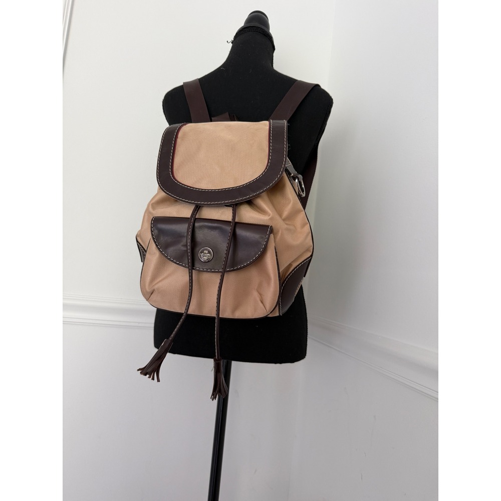 Lancel Paris Women Tan Nylon Brown Leather Trim Drawstring small Backpack Bag